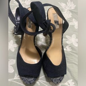Jessica Simpson Heels Platforms Sandals Blue Denim Floral Strappy Open Toe